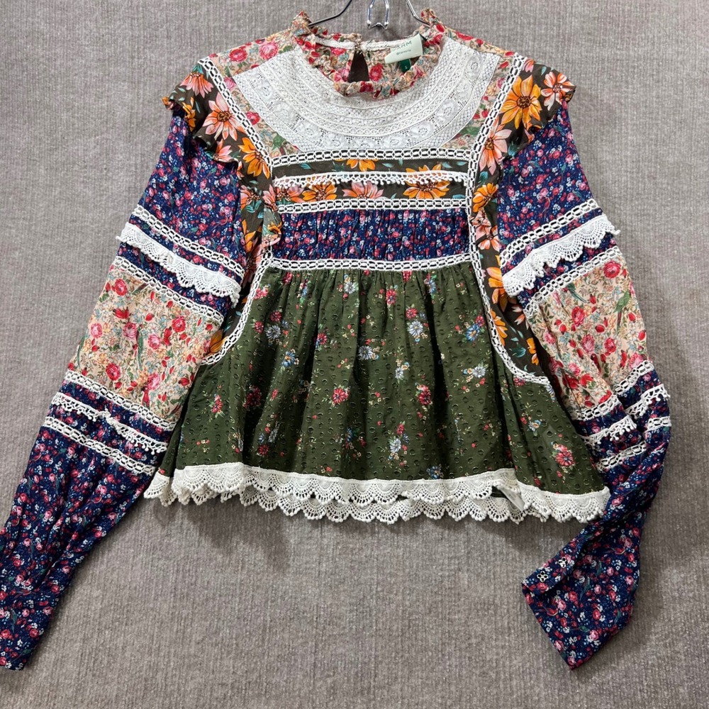 FARM Rio Patchwork Floral Smocked Neck Long Sleeve Blouse Sz S Boho Cottagecore